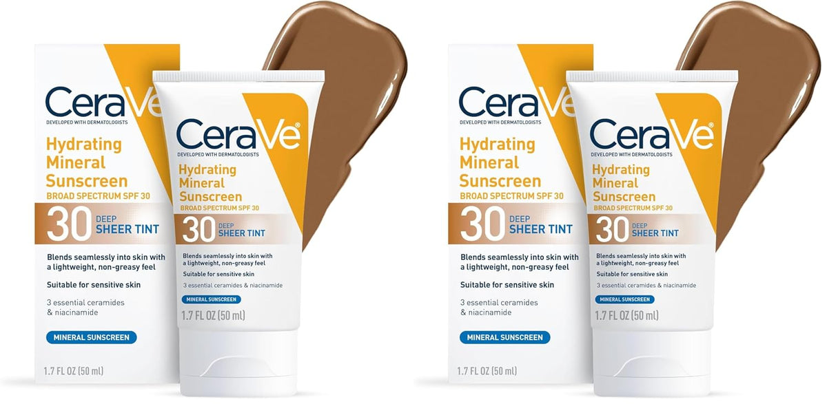 CeraVe Hydrating Mineral Sunscreen SPF 30 with Sheer Tint.Tinted Mineral Sunscreen with Zinc Oxide & Titanium Dioxide.Blends Seamlessly For Healthy Glow.Deep.1.7 Oz.(Pack of 2)