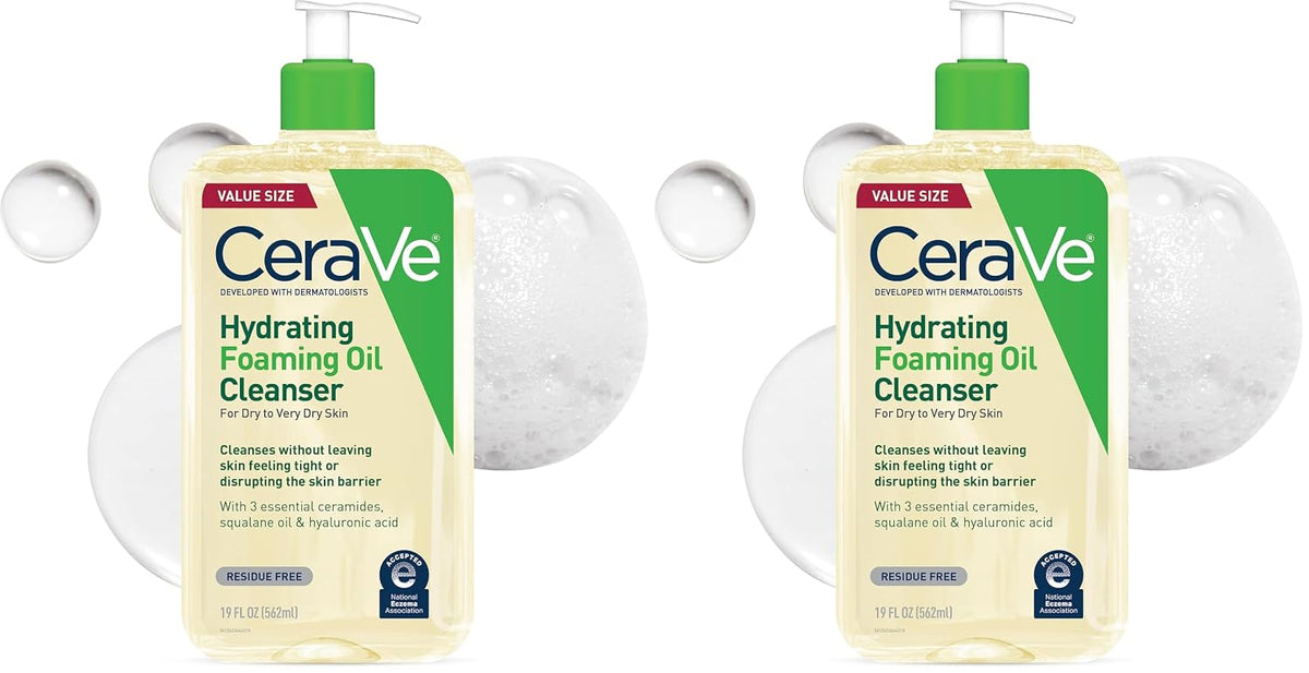 CeraVe Hydrating Foaming Oil Cleanser.Moisturizing Oil Cleanser for Face & Body.Squalane-Oil + Hyaluronic Acid + Ceramides.For Dry to Very Dry Skin.Fragrance Free & Residue Free.19 FL Oz.(Pack of 2)