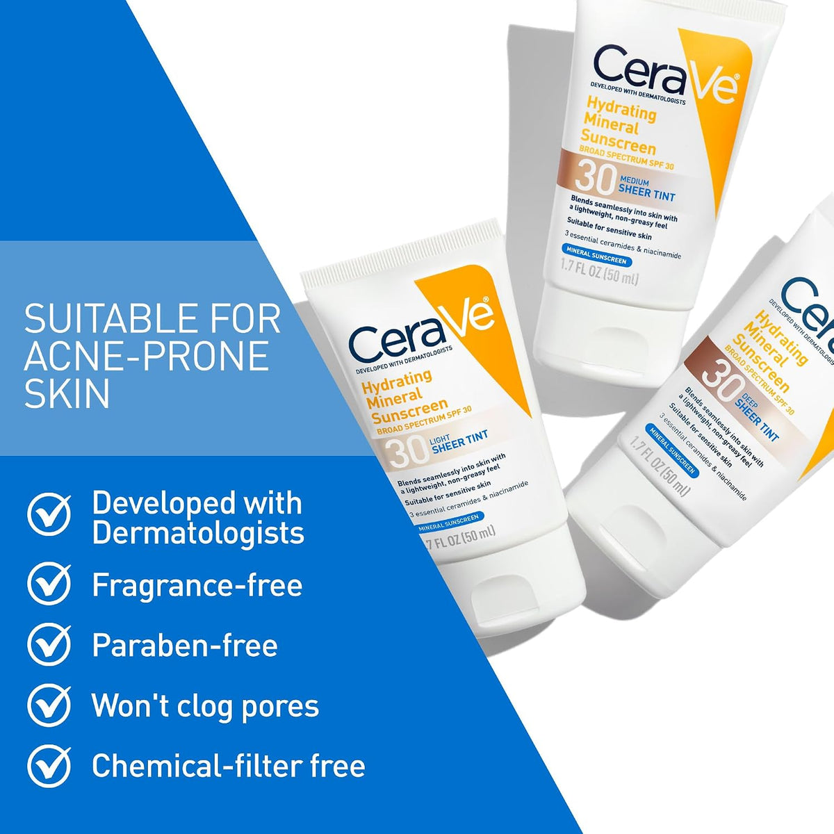 CeraVe Tinted Sunscreen for Face. Mineral SPF 30 Moisturizer. Deep. 1.7oz | Skin Care. Face Sunscreen. Hyaluronic Acid. Zinc Oxide. Titanium Dioxide. Sheer Tint. Healthy Glow. Blends Seamlessly