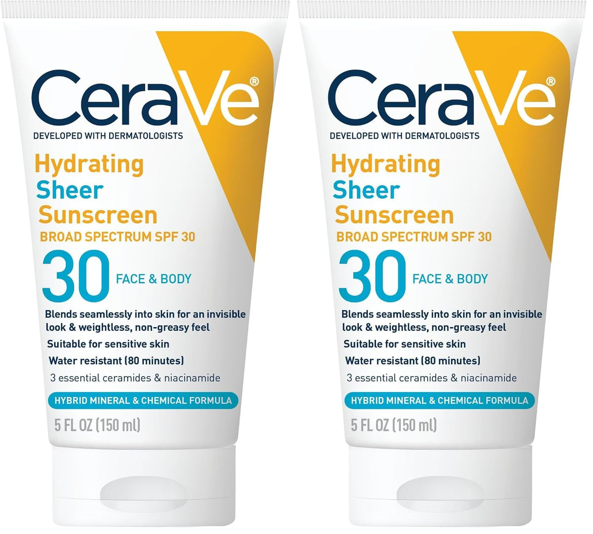 CeraVe Hydrating Sheer Sunscreen SPF 30 with Hyaluronic Acid. 3oz | Mineral and Chemical Sunscreen For Face and Body with Zinc Oxide & Ceramides. Fragrance-Free & Paraben-Free