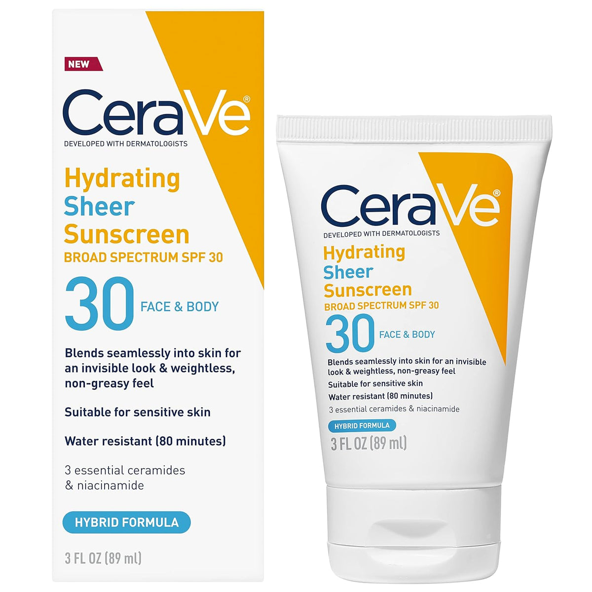 CeraVe Hydrating Sheer Sunscreen with SPF 30 for Face and Body.Mineral&Chemical Sunscreen for Men&Women with Zinc Oxide.Hyaluronic Acid and Ceramides.Paraben-Free + Fragrance-Free.5 Ounces.(Pack of 2)