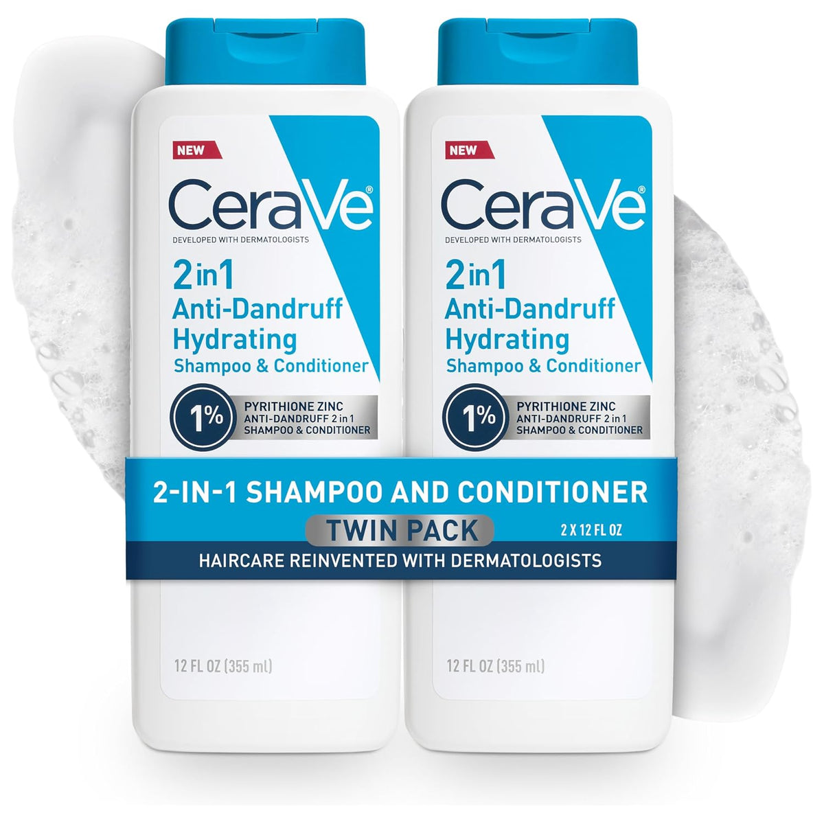 CeraVe 2 In 1 Hydrating Anti Dandruff Shampoo And Conditioner. 19 Fl Oz | 1% Pyrithione Zinc Dandruff Treatment Helps Eliminate Flakes and Relieve Itchy Scalp In a Sulfate-Free. Color-Safe Formula