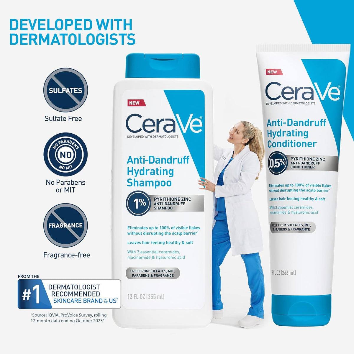 CeraVe Hydrating Anti Dandruff Shampoo and Conditioner Set. Pyrithione Zinc Dandruff Treatment With Ceramides. Hyaluronic Acid & Niacinamide. Helps Elimanate Flakes & Reduce Itchy Scalp
