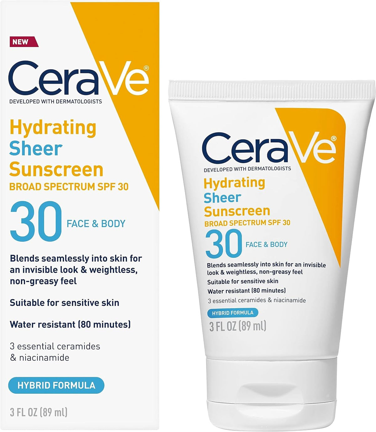 CeraVe Hydrating Sheer Sunscreen with SPF 30 for Face and Body.Mineral&Chemical Sunscreen for Men&Women with Zinc Oxide.Hyaluronic Acid and Ceramides.Paraben-Free + Fragrance-Free.5 Ounces.(Pack of 2)
